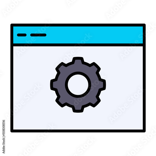 Web Browser Settings Icon: Gear Cogwheel on Website Window. Modern Filled Vector for Configuration, Optimization & Development Concepts. Editable