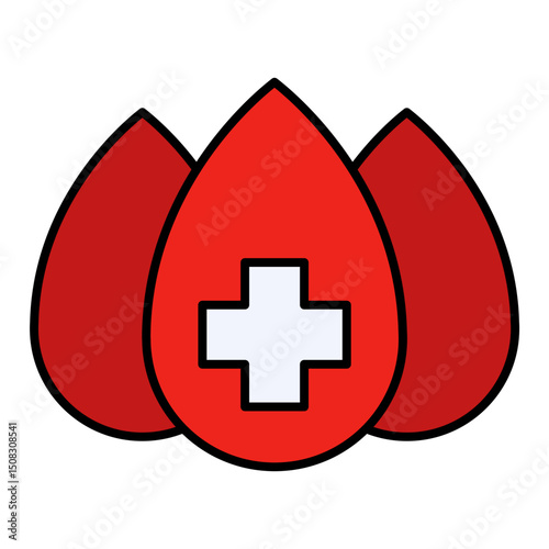 Blood Donation & Healthcare Icon: Medical Cross in Red Blood Drops. Modern Filled Vector for Health, Emergency, Clinic & Philanthropy Concepts. Editable