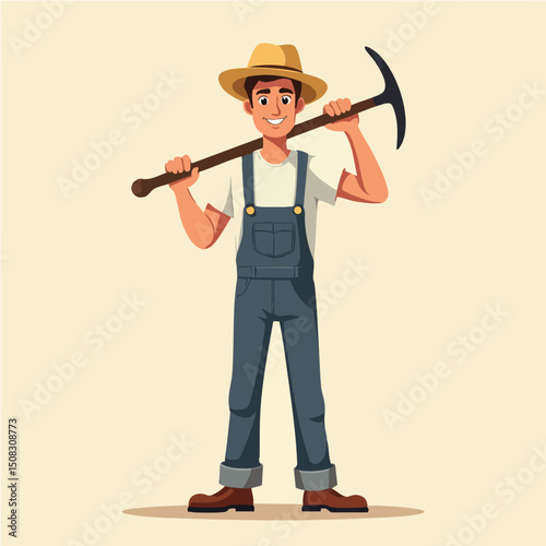 Cartoon Farmer Holding Hoe and Smiling – Agriculture Character Illustration