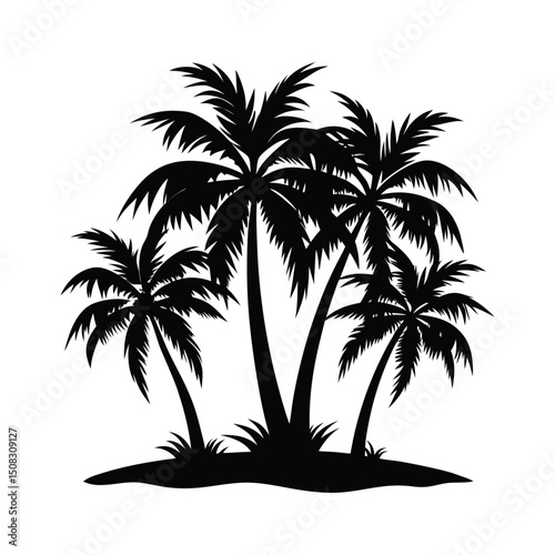 Tropical summer beach vacation with a silhouette of a palm tree against the sun
