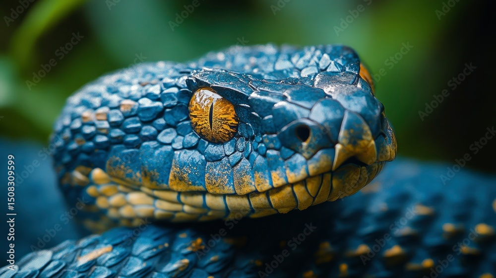 Obraz premium Close-up of a Blue Viper's Head with Golden Accents