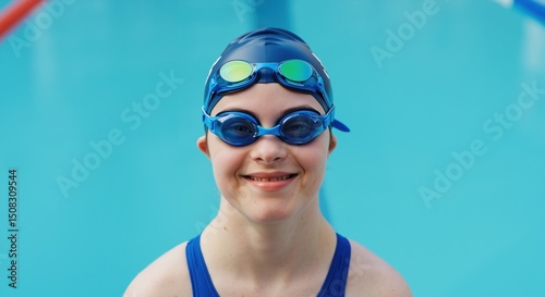 Smiling girl with down syndrome wearing swimming cap and goggles at pool. Child with special needs enjoying aquatic activity in swimming pool. Inclusion and adaptive sports. Swimming equipment sale