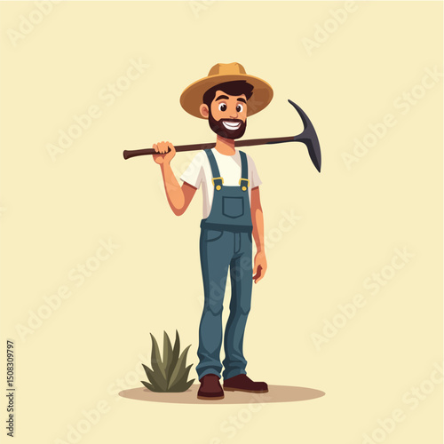 Happy Farmer with Hoe in Hand Standing on Farm – Vector Illustration