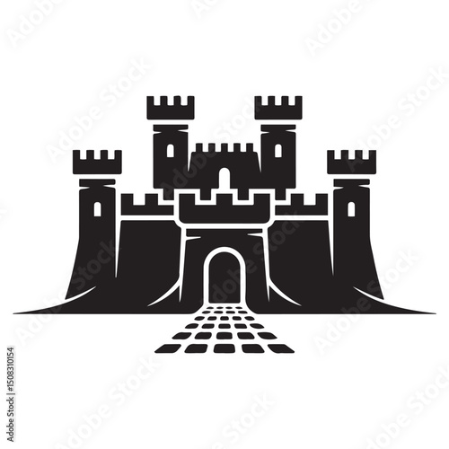 Castle fortress or citadel base flat icon for games and websites, Vector black silhouette. with white background