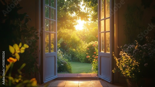 Peaceful garden view through open door, early light glow.