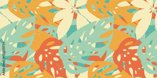 Summer seamless tropical pattern. Retro summer vibe with overlapping monstera leaves. Creative concept. Abstract exsotic leaves and plants. Design for botanical background, poster, card, ads, cover