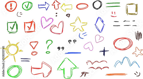 Colored doodle sketch hand drawn pencil pen marker set graphic design illustration art for business infographic. Set of pointer arrow speech bubble line outline shape