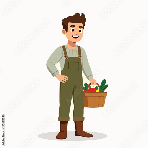 Young Cartoon Farmer with Vegetable Basket – Farming Lifestyle Vector Art