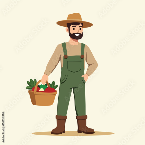 Bearded Farmer Holding Produce Basket – Rural Agriculture Illustration