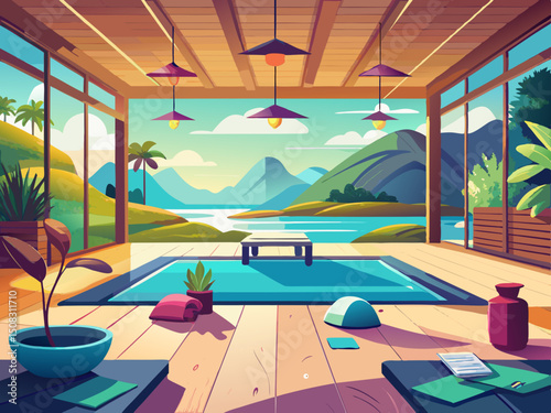 vector of The background of a large stylish room with calm and clean sunlight for yoga, zen and meditation spaces with a view of calm nature and a water view for team or group video calls... great