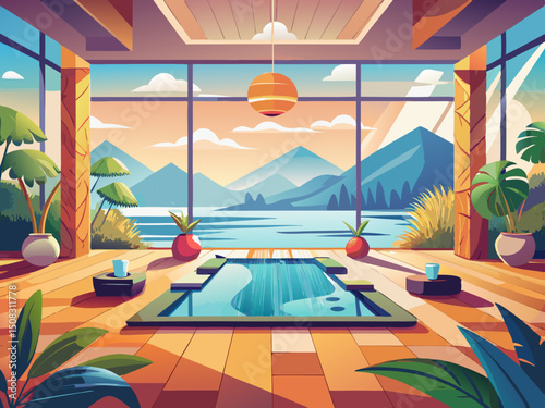 vector of The background of a large stylish room with calm and clean sunlight for yoga, zen and meditation spaces with a view of calm nature and a water view for team or group video calls... great