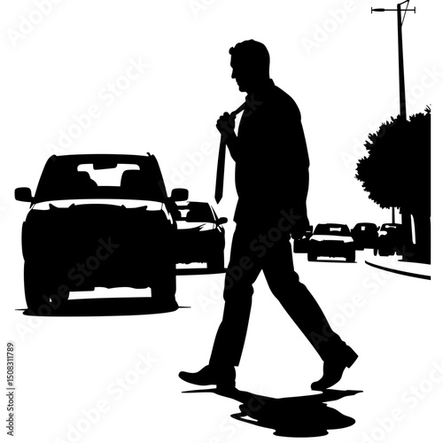 Silhouette of Office Worker Loosening Tie Amid Urban Traffic