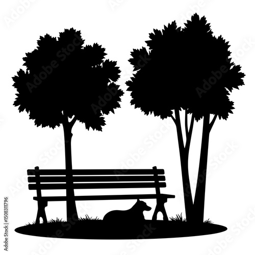 Silhouette of Dog Resting Under Bench Among Trees