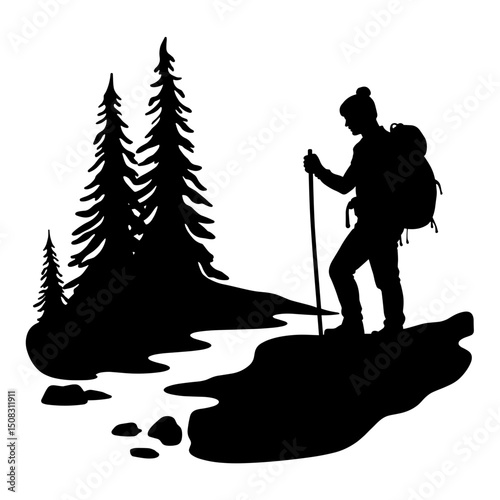 Silhouette of Hiker Resting by Icy Stream in Wool Hat and Gloves
