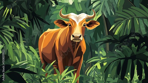 Illustration of a cow in a lush jungle setting.