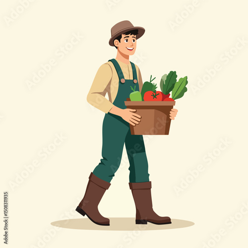 Male Farmer Carrying Fresh Vegetable Basket – Farming Cartoon Vector