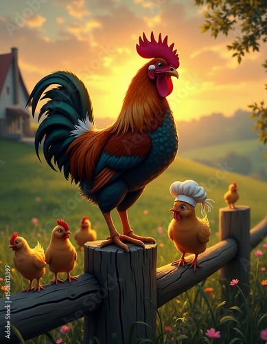 Vibrant rooster family scene with sunset backdrop illustration