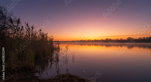 Serene Sunrise over Calm Lake with Reeds Misty Atmosphere Golden Hour