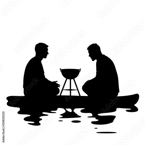 Silhouette of Couple Sitting on SUP with Grill, Outdoor Leisure