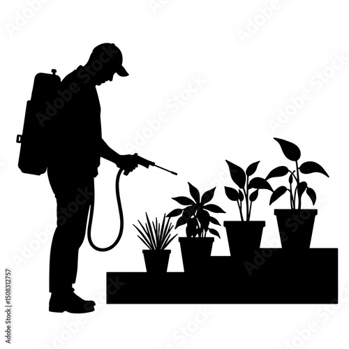 Silhouette of Person Spraying Plants on Rooftop Garden