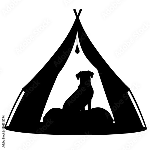 Silhouette of Glamping Tent Interior with Dog on Raised Bed