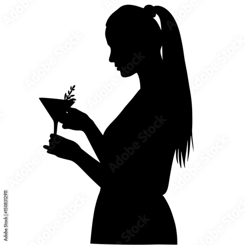 Silhouette of Person Holding Cocktail Glass with Herb Garnish