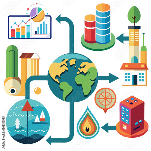 Global Economy and Environmental Development Vector Illustration