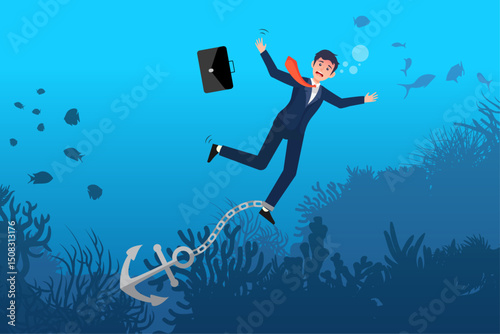 Businessman investor drowning with sinking dollar money anchor, sunk cost investment problem, cost that already been incurred and effect investing decision, psychology or money loss aversion concept