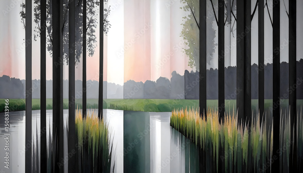 Fototapeta premium Serene Watercolor Riverside Twilight with Reflections in Nature
