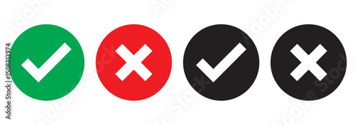 Green check marks and red X marks. Check marks indicate approval. X marks indicate rejection. Simple symbols for yes and no. Clear visual for correct and incorrect. Vector element set.