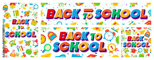 Back to school banner trendy typography with puplis on memphis background cute style for poster, post social media. Vector 10 eps