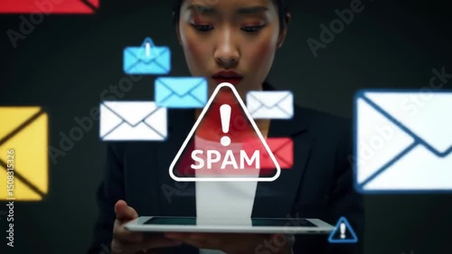 Woman confronts spam email threat using tablet digital danger and information security