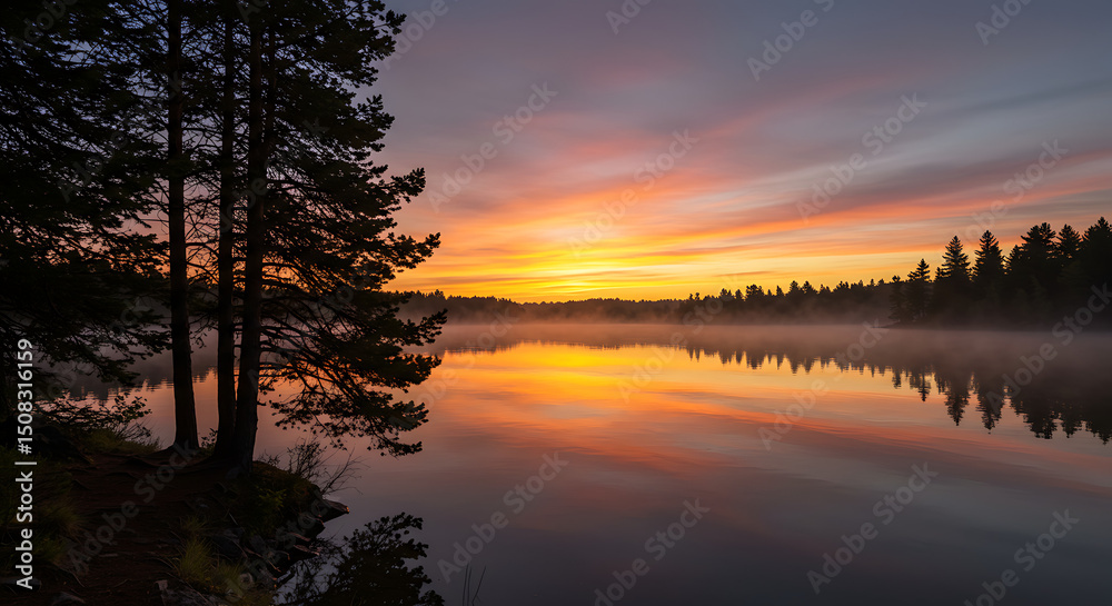 Fototapeta premium Serene Sunrise over Misty Lake with Silhouetted Pines Peaceful Dawn Reflection