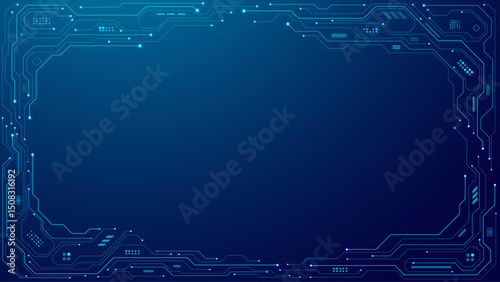 Abstract technology frame made of circuit board wires and digital elements. Blue futuristic background with microchip components. Perfect for digital, tech, or innovation concepts. Vector illustration