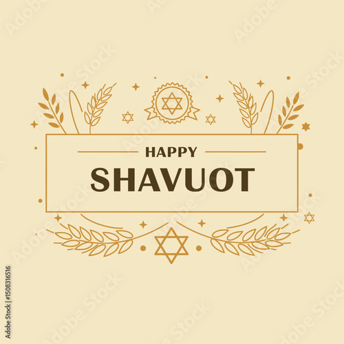 Classic serif style happy shavuot vector with wheat detail for traditional holiday greeting concept