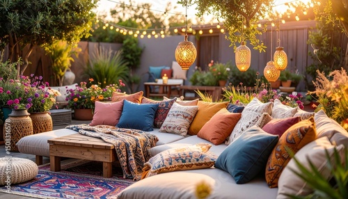 elegant bohemian outdoor lounge with colorful pillows on sofa