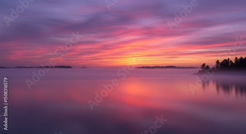 Serene Sunset over Misty Lake with Silhouetted Trees Vibrant Colors and Peaceful Atmosphere