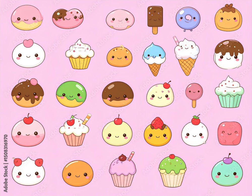 Fototapeta premium Cute Kawaii style Emoji Cartoon Sweet Icon Set with Smiling Faces and Fun Characters 