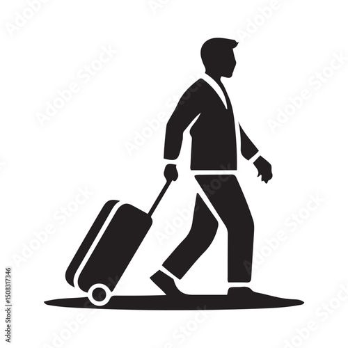 Person pulling carry-on luggage on business travel flat vector icon for apps and websites. Vector black silhouette. with white background