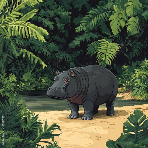 Hippopotamus stands in a lush jungle scene.