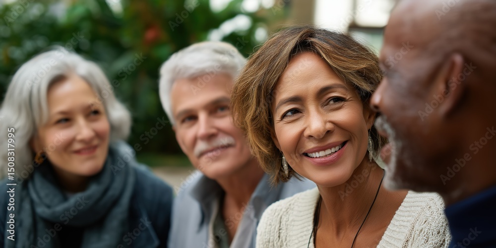 Diverse group of mature adults engaging in friendly conversation outdoors Diverse group of mature adults engaging in friendly conversation outdoors