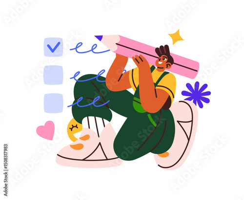 Concept of planning, time management. Person achieves aims, puts ticks in checkbox on task list. Business checklist, work schedule, timetable. Flat isolated vector illustration on white background