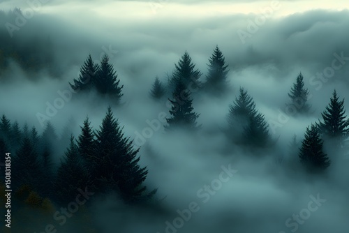 Serene Foggy Forest Landscape with Evergreen Trees for Nature Prints and Posters
