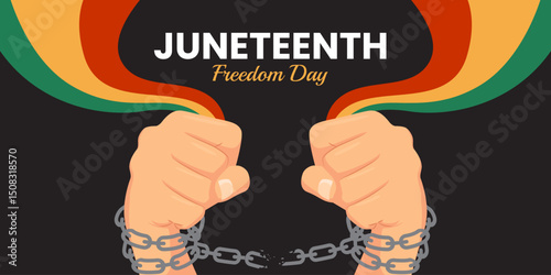 Juneteenth banner design, with freedom symbol, fist. Vector breaking chains. Celebrating black history month