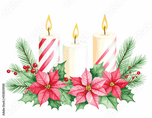 Watercolor Christmas candles with poinsettias and holly, festive holiday decorations with candy cane stripes, watercolor illustration