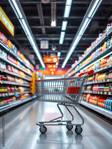 An eye-catching shopping cart stands empty in the bright, neon-lit aisle of a modern supermarket, hinting at consumerism and retail therapy
