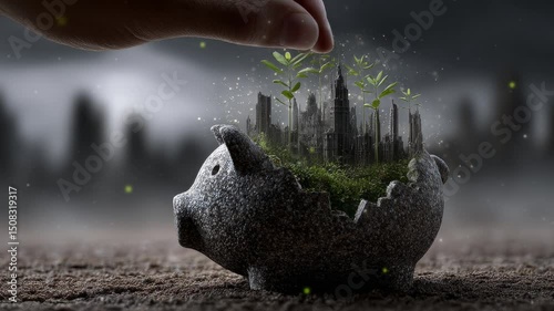 A hand holding a broken piggy bank filled with soil. Tiny plants sprout from the cracks. In the background, a gloomy urban skyline. Concept of rebirth after economic crisis.
