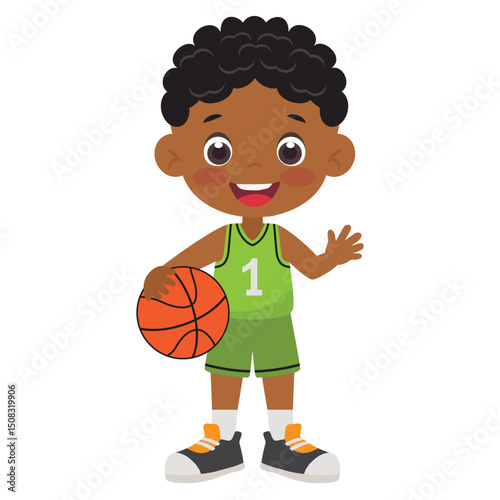 Cute little basketball  player boy vector cartoon illustration