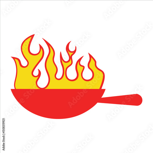 Red frying pan with yellow flames