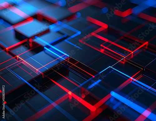 Abstract Neon Cubes Red, Blue, Lines, Glowing, Grid, Digital, Technology, Abstract, Background, Art